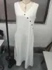 Primavera Verão 2026 TikTok Transfronteiriço Europa América Estilo Preguiçoso Decote V Botões Sem Mangas Colete Algodão Linho Vestido Casual