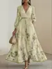 Primavera/Outono 2026 Novo Estilo Transfronteiriço Europeu e Americano Comércio Exterior Roupas Femininas Estampado Decote V Manga Longa Moda Vestido Plissado Saia Longa Feminina