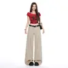 Calça Jeans Wide Leg Solta Retro Americana Cáqui Cintura Alta Reta Casual Outono Inicial Versátil Feminina Yi Chun