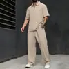 Amazon Ropa de Hombre Transfronteriza Jacquard con Textura 3D Traje Solapa TK Camisa Polo Color Sólido Pantalones Largos Rectos Conjunto de Dos Piezas