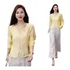 Conjunto de Verano para Mujer Estilo Chino Nuevo Hecho a Medida: Camisa Elegante y de Moda de Manga Larga con Cuello en V y Pantalones de Pierna Ancha