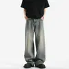 Jeans boca de sino masculino da marca trendy estilo americano cleanfit, calça longa lavada e desgastada para todas as estações, calça reta solta high street