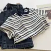 Camiseta Listrada Regular de Manga Curta com Ombro Normal Slim Fit de Algodão 92% Estilo Coreano de Verão para Mulheres Camiseta Básica