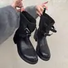 Primeiro Encontro Temporada Fivela Retrô Botas Curtas de Equitação Salto Grosso Botas de Cowboy Ocidentais Femininas Emagrecedoras Bico Redondo Botas Curtas para Motocicleta