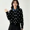 Suéter de malha estilo coreano com poá, falso two-piece, patchwork de jeans, gola polo, macio e jovial, novo casaco de outono e inverno