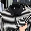Camiseta masculina de manga comprida feita de lã, seda e veludo alemão, nova coleção outono 2026, camiseta de listras business casual, moletom masculino