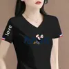 Artículo de marca con excedente de comercio exterior transfronterizo con etiquetas retiradas, camiseta de mujer con cuello en V, manga corta, corte holgado, hombro normal, top de manga corta