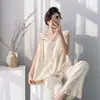 Pijama de Algodão e Seda para Mulheres, Calça Longa Fina de Primavera e Verão, Conjunto Sexy sem Costas, Pode Ser Usado Fora, Roupa de Casa de Cor Sólida de Alta Qualidade Tamanho Grande