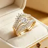 TEMU Amazon Venta Caliente Moda Conjunto de Tres Anillos Europeos y Americanos Lujo Celebración de Aniversario Uso Montura de Cinco Garras Anillo para Mujer