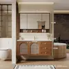 Conjunto de Gabinete de Banheiro Inteligente Estilo Chinês em Carvalho com Lavatório Integrado de Cerâmica Minimalista em Madeira Maciça para Banheiro Moderno