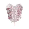 Estilo europeo y americano, top de tubo de encaje floral bordado rosa y blanco con ballenas, ajustado, entallado en la cintura, transparente, camisola sexy para mujer