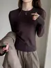 Camiseta Básica de Gola Redonda em Mistura de Cashmere, Cor Sólida, Estilo Simples, Camada Interna, Camiseta Base para Mulheres, Manga Regular, Peça de Roupa Externa, Top Emagrecedor