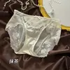Panty de encaje estilo francés de cintura media-baja para mujer, empalme de satén de lujo ligero con malla hueca, sexy, agradable para la piel, cómodo y transpirable, diseño de triángulo