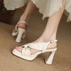 Sandalias de Cuero Genuino para Mujer, Verano 2025, de Tacón Alto Grueso, con Lazo, Punta Redonda, Abiertas, Tacón Ultra Alto