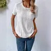 2026 Venta Caliente Europea y Americana Transfronteriza Amazon Primavera y Verano Nuevo Color Sólido Hueco Casual Exterior Camiseta de Cuello Redondo para Mujer