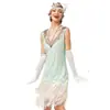 Vestido Retro Europeo y Americano de los Años 1920 con Cuello en V y Borlas, Falda, Banquete Gatsby, Baile Latino, Vestido de Lentejuelas y Perlas