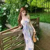 Hermoso y Etéreo Vestido Largo de Vacaciones en la Playa, Vestido Morado Floral Puro y Sexy con Tirantes para Mujer, Falda Larga