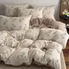 Juego de Ropa de Cama de Cuatro Piezas de Lino Natural 100% Algodón, Clase A, Funda Nórdica Floral Vintage de Algodón Puro, Sábana Ajustable, Juego de Tres Piezas Espesado para Dormitorio