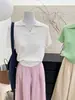 Novo Conjunto Estilo Coreano: Blusa de Tricô de Seda Gelada Manga Curta com Gola Polo Verde para Mulheres, Top Camiseta Chic de Seda Gelada de Verão