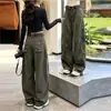 Pantalones de trabajo retro americanos color verde militar hechos a medida para mujer, nueva colección de otoño, de cintura alta, corte holgado, casual y con diseño de pierna curva.