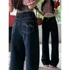 Calça Jeans Wide-Leg Retro Bordada para Mulheres, Design Americano de Outono Nicho Calças Retas Largas, Calças Novo Estilo 2025