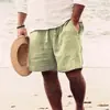 Shorts de Verão Masculino Transfronteiriço de Algodão e Linho com Bolsos e Cordão Cor Sólida Respirável Confortável Diário Praia Cinco Pontos Casuais