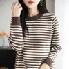 Suéter de malha de algodão puro outono nova cor bloco listrado gola redonda caimento solto estilo coreano versátil blusa de manga comprida para mulheres