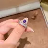 Anillo de Corona Completa de Diamantes Gota de Agua de Amatista Natural para Mujer, Lujo Ligero, Diseño de Nicho de Alta Gama, Exquisito Anillo para Dedo Índice con un Diseño Abierto