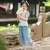 Hanfu Feminino Verão 2025 Novo Infantil Novo Estilo Chinês Estilo Nacional Camisa de Manga Voadora Calça Larga Leve Conjunto de Duas Peças