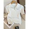 Nuevo estilo primavera y verano, top de punto de seda helada con cuello polo para mujer, camiseta de manga corta fina, holgada, adelgazante y favorecedora para mujer
