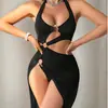 Suministro de Comercio Exterior Transfronterizo Europeo y Americano Nuevo Estilo Sexy Abertura Lateral Alta Cuello Halter Vestido Largo Conjunto de Lencería