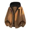 Otoño/Invierno 2026 Nueva Chaqueta con Capucha de Cuero PU Patchwork Retro de Bloques de Color para Hombre Tendencia Alta Calle Desaliñada Genial