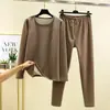 Nueva colección de otoño e invierno: Conjunto térmico de dos piezas de forro polar de doble cara, con un top de cuello redondo ajustado y pantalones, en estilo coreano para hombre, perfecto para ropa de estar.