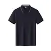 Camisa polo de negocios de poliéster-algodón elástico tipo seda, 200g, 40 hilos, con cuello de rayas a una cara, logo bordado