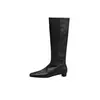 Botas de montaria femininas de couro de cano alto, novo estilo de inverno, bico quadrado, salto médio, zíper lateral, botas slim fit acima do joelho