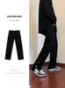 Calça estilo americano alta moda trendy ins jeans preto slim fit masculino verão fino com botão e fenda micro flare