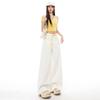 Pantalones Drapeados de Pierna Ancha para Mujer Verano 2025 Tencel Lino Blanco Pantalones Rectos Cintura Alta Adelgazantes Cómodos Casuales Largos hasta el Piso