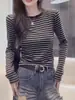 Top de mujer a rayas retro color block de manga larga, cuello redondo, corte ajustado, moderno otoño nuevo estilo coreano, adelgazante y versátil camiseta básica