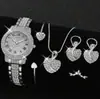 Collar para clavícula con colgante en forma de corazón de moda europea y americana, pendientes, anillo, pulsera, juego de joyería de boda en forma de corazón incrustado de diamantes