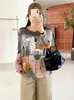 Blusa de rede feminina plus size com gola redonda e estampa de pônei, outono 2026, estilo pintura a óleo, saída de praia com proteção solar para mulheres plus size