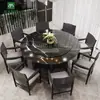 Mesa Redonda Grande Eléctrica con Cubierta de Piedra, Mesa de Comedor de Lujo con Parrilla Integrada, Mesa Redonda Grande Eléctrica Giratoria con Parrilla