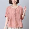 Nova Camisa de Manga Curta Tencel Verão 2024 Feminina Redutora de Idade Solta Tamanho Plus Size Estilo Ocidental Camisa Pequena Que Cobre a Barriga Top para Mãe