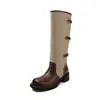 Botas de Montar de Cuero de Vaca de Dos Capas con Bloques de Color para Mujer, Botas Altas Largas para Otoño e Invierno, Punta Redonda con Hebilla de Cinturón, Botas Altas hasta la Rodilla de Tacón Bajo para Mujer