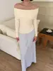 YIMEINIJIA Elegante Top de Punto Francés Hombros Descubiertos 2026 Otoño Ajustado de Manga Larga para Mujer