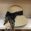 Sombrero de Paja Finamente Tejido con Lazo de Encaje Francés para Mujer Sombrero de Playa para Viaje de Verano Plegable Visera Protección Solar Sombrero de Pescador