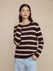 Nanyou Ropa Fina de Mujer Hilo Fino Tencel Lana Principios de Otoño Raya Francesa Versátil Cuello Redondo Suéter de Punto Lana