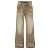 Calça Jeans Wide Leg Rasgada Lavada Amarelo Lama Maillard, Calça de Cintura Alta Drapeada Estilo Wasteland Vintage, Atacado de Roupas Masculinas