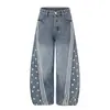 Jeans listrado com estampa de estrela em sarja americana retro com aspecto desgastado para homens e mulheres, calça longa casual larga, moderna