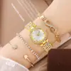 Versão Coreana de Relógio Feminino da Moda com Diamantes Inteiros em Inglês + Pulseira de Diamantes Inteiros Conjunto de 3 Peças