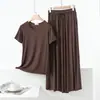 Pijama de modal para mujer, verano, fino, elástico, manga corta, pantalón largo, conjunto casual de ropa para casa, manga media, pantalón de pierna ancha, se puede usar para salir